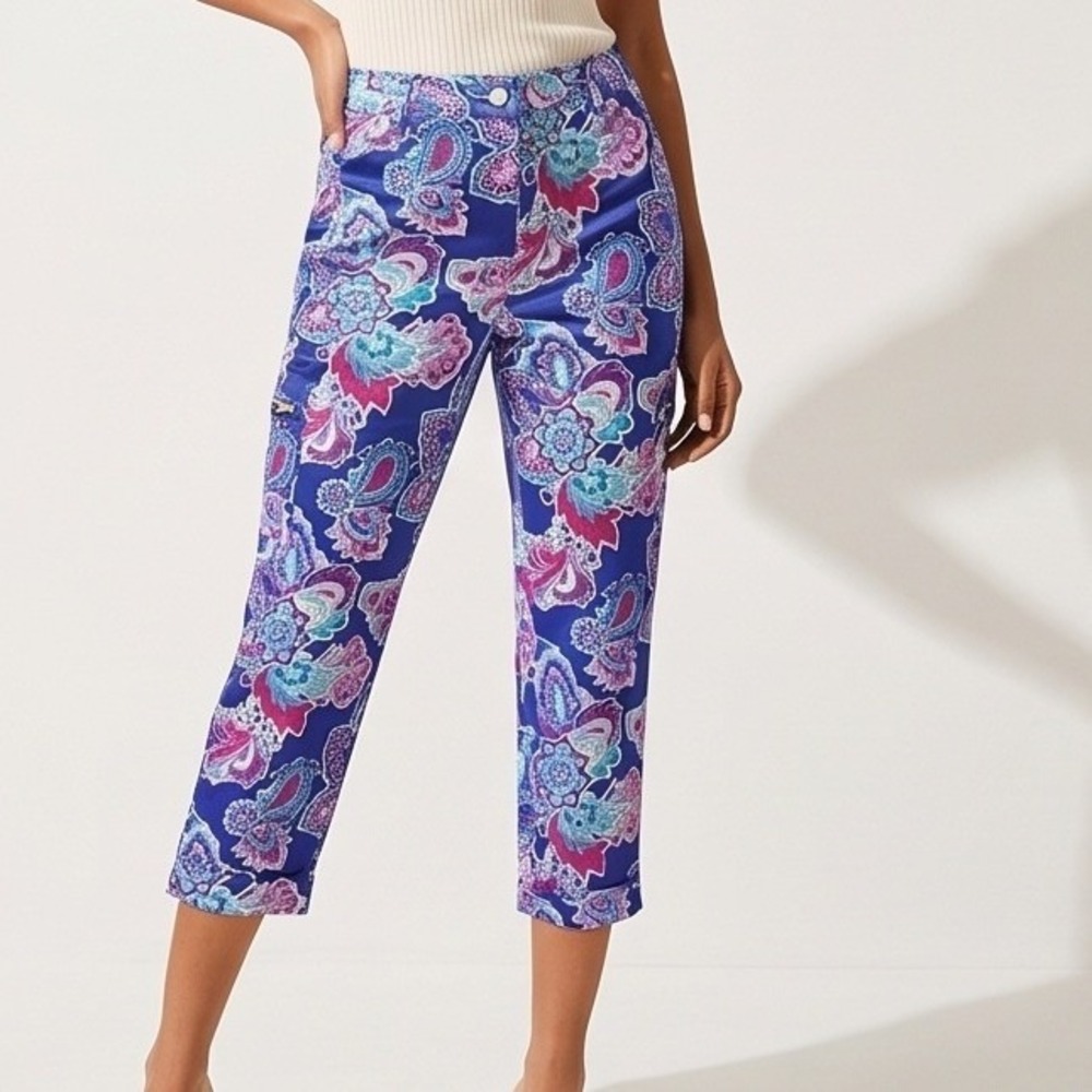 Chico's 1P So Slimming Paisley Print Crop Cargo Pants Blue Pink Medium Petite